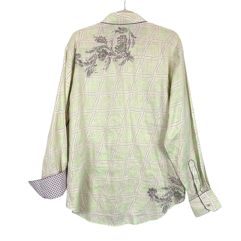 Robert Graham Embroidered Linen Blend Button Down Shirt Green Purple Mens Large - Picture 15 of 15